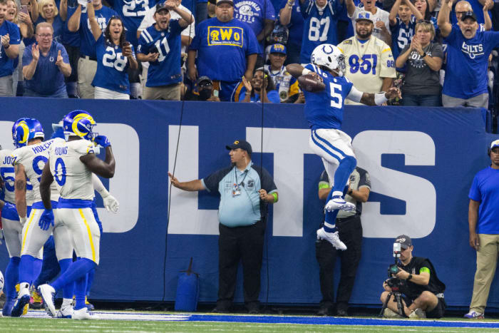 Oct 1, 2023; Indianapolis, Indiana, USA; Indianapolis Colts quarterback Anthony Richardson (5) spikes the ball after running for a touchdown in the second half against the Los Angeles Rams at Lucas Oil Stadium.